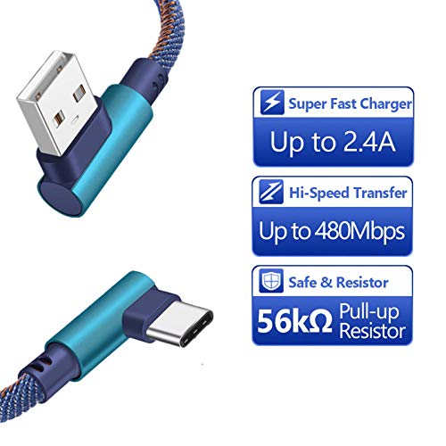 Sağ Açılı USB Tip C Kablo, (2 Paket 3FT) 90 Derece Çift Taraflı Geri Dönüşümlü Naylon Örgülü Kordon Hızlı Şarj USB Tip A'dan