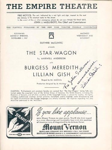 Lillian Gish-Burgess Meredith tarafından ortaklaşa imzalanan 1937 Dolaylarında imzalanan Yazılı Gösteri Faturası
