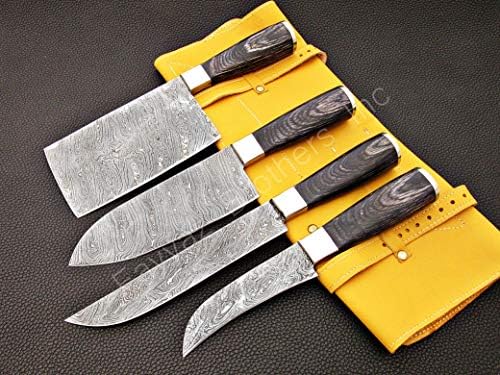Özel Yapılmış Şam Çelik Mutfak Bıçakları Seti / Şef Bıçakları Seti 4-Pcs Set FBK-1079 (Siyah Pakka Ahşap)