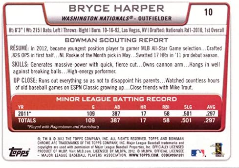 2012 Bowman Krom Taslak Beyzbol 10 Bryce Harper Çaylak Kartı