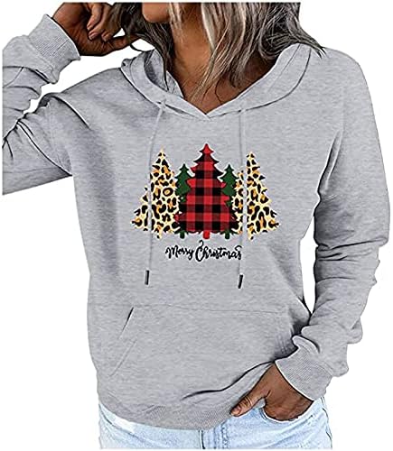 Çirkin Noel Hoodie kazak kadın artı boyutu uzun kollu basit kazak Noel leopar ekose ağaçlar baskı üst