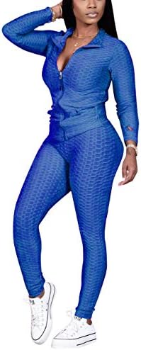 Kadınlar için koşu Takım Elbise, Dokulu 2 Parça Kıyafet Uzun Kollu Tam Zip Ceket Sıska Pantolon Eşofman Set