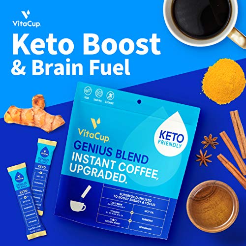 Vitacup'tan Genius Hazır Kahve Paketleri, Keto Energy & Focus için Sıcak veya Soğuk Demleme, MCT Yağı, Zerdeçal, B1, B5, B6,