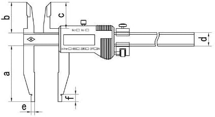 Uç Şekilli Çeneli ve ID Üst Çeneli MeterTo Dijital Kumpas, 0-400mm, ±0.05 mm, a:125mm, b:45mm, c:38mm, d:24mm, e:10mm, f: 18mm