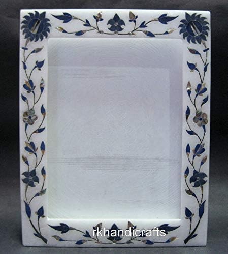 rkhandicrafts 10 İnç x 8 İnç Beyaz Mermer Fotoğraf Çerçevesi ile Lapis Lazuli Yarı Değerli Taşlar Kakma Çalışma Arkadaşınıza