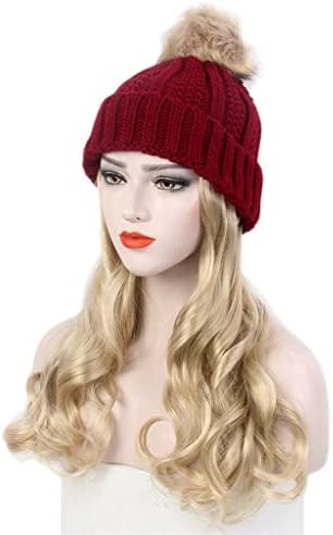 SPNEC LQGSYT Moda Avrupa ve Amerikan Bayanlar Saç Şapka Bir Kırmızı Örme Şapka Peruk Uzun Kıvırcık Altın Peruk ve Şapka Bir