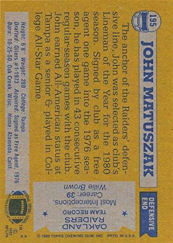 1982 Topps Futbol 195 John Matuszak Oakland Akıncıları