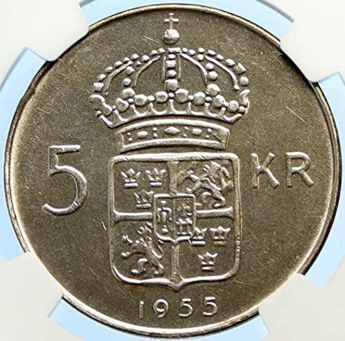 1955 SE 1955 İsveç KRALI GUSTAF VI Taçlı SİLAHLAR Vintage A 5 Kron AU 58 NGC