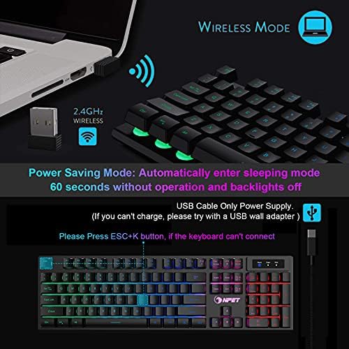 NPET S21 Kablosuz Oyun Klavye ve Fare Combo, LED Aydınlatmalı Sessiz Ergonomik Mekanik Duygu Klavye, oyun Fare 3200 DPI, Masaüstü