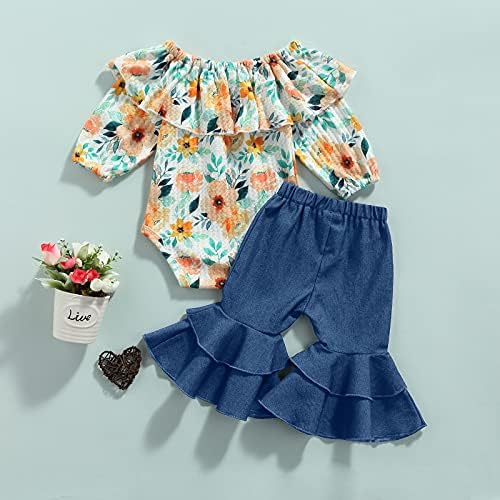 0-18 M Bebek Bebek Kız Giysileri Set Çiçek Baskı Fırfır Yaka Uzun Kollu Romper + Denim Flare Pantolon