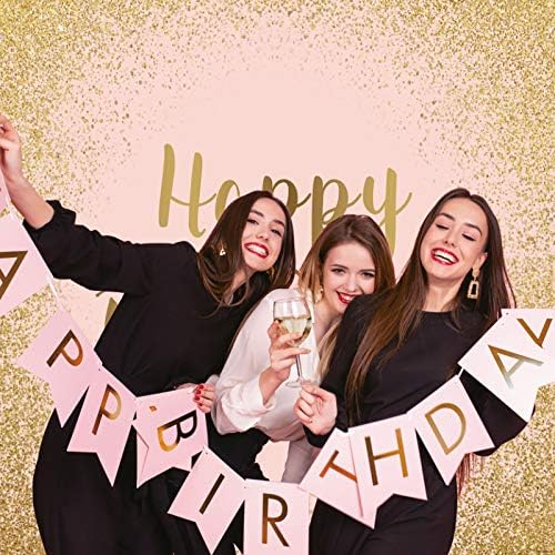 Allenjoy 8x8ft Kumaş Pembe ve Altın Mutlu Doğum Günü Zemin Kadın Kızlar Bday Parti Malzemeleri Gül Altın Glitter Kek Masa Dekorasyon