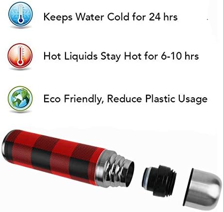 Wamika Ekose Termos Vakum Yalıtımlı Şişe, Rustik Kırmızı Siyah Buffalo Kontrol Ekose Paslanmaz Çelik Su Şişesi, Damalı BPA Ücretsiz