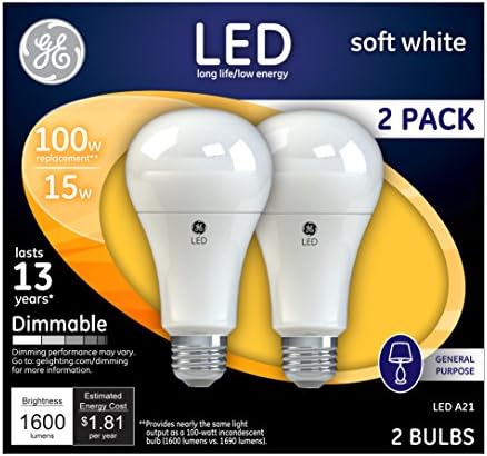 GE Lighting 65941 LED A19 Orta Tabanlı Ampul, 15 Watt, Yumuşak Beyaz, 2'li Paket, 2'li Sayım (1'li Paket)