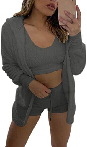 Kadın 3 Parça Katı Bulanık Sweatsuits Hoodie Kırpma Tank Top Yüksek Bel İpli Bel Şort Set Hırka Ceket