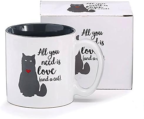 Burton & Burton İhtiyacın Olan tek Şey Aşk (ve bir Kedi) Seramik Kahve Kupa, 13 ons, Kırmızı Kalpli Gri Kedi