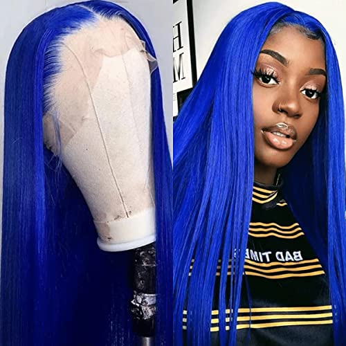 Mavi Sentetik T Parçası dantel ön peruk 13x4x1 uzun düz ısıya dayanıklı iplik saç peruk doğal saç Çizgisi ile Ön Koparıp Kadınlar