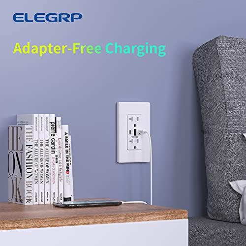 ELEGRP 30W 6.0 Amp 3 Portlu USB Duvar Prizi, Çift USB Tip C Tip A Portlu 20 Amp Priz, iPhone, iPad, Samsung ve Android Cihazlar