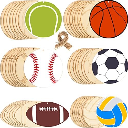 42 Adet Spor Tema Ahşap Kesikler Bitmemiş Ahşap Futbol Voleybol Beyzbol Basketbol Futbol Tenis Şekilli Ahşap Dilimleri ile Sicim