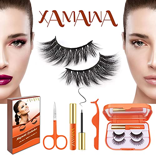 XAMAWA Manyetik Eyelashes-Eyeliner Kiti ile 3D 5D 2 Pairs Kullanımlık Manyetik Lashes Doğal Bak 1 Tüpler Manyetik Eyeliner ile