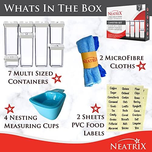 Kapaklı Neatrix İstiflenebilir Kuru Gıda Saklama Kapları Hava Geçirmez-Gıda Organizasyonu için 7 Şeffaf Kap Seti, Kiler veya