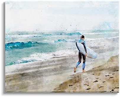 Stupell Industries Yaz Sörfçü Yürüyüş Sahili Gelen Gelgit Kumlu Ayak İzleri Tuval Duvar Sanatı, 20 x 16, Mavi