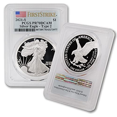 2021 S 1 oz Proof Amerikan Gümüş Kartal PR-70 Derin Cameo (İlk Grev Tipi 2 Bayrak Etiketi) CoinFolio tarafından $1 PR70DCAM PCGS