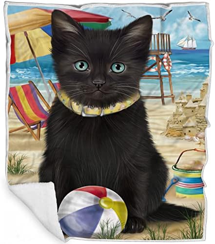 Pet Dostu Plaj Siyah Kedi Battaniye - Hafif Süper Yumuşak Rahat ve Dayanıklı Yatak Battaniye-Hayvan Tema Bulanık Battaniye Çekyat