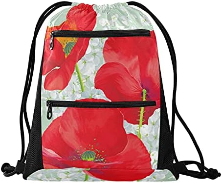 susıyo Kırmızı Haşhaş Çiçek İpli sırt çantası Çanta Spor Dize Çanta Spor Sackpack için Kadın Erkek