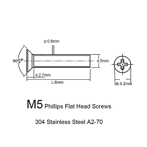 M5 Paslanmaz Phillips Düz Gömme Başlı Makine Vidaları Cıvata, 304 (A2) Paslanmaz Çelik,Tam Dişli, Parlak Kaplama, Makine Dişi,