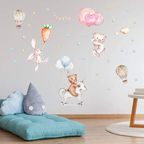NPNG Kreş Dekor Sevimli Ayı Güzel Hayvanlar Tavşan Havuç Sıcak Hava Balon Duvar Dekor Yıldız Sanat Bebek Çocuk Odası Yatak Odası