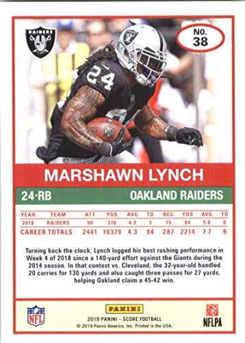 2019 Skor Futbol 38 Marshawn Lynch Oakland Raiders Panini tarafından yapılan Resmi NFL Ticaret Kartı