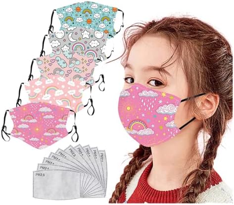 Çocuklar Maske Yıkanabilir 5 Adet, Kızlar Bez Yüz Maskesi Kullanımlık Pembe Pamuk Ayarlanabilir Kulak Askısı Toz Geçirmez Çocuklar