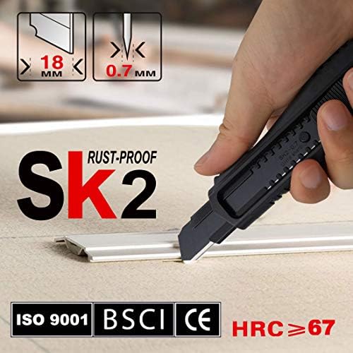 HAUTMEC Kolay Yükleme Geri Çekilebilir Yapış Kapalı Ağır 18mm Maket Bıçağı Kutusu Kesici Sanat Bıçak, Siyah Pas Geçirmez SK2