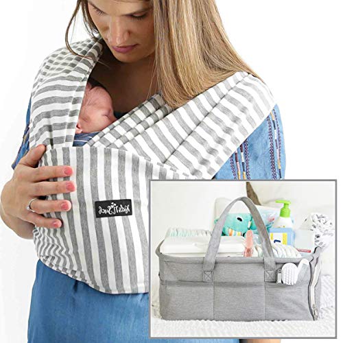 4 in 1 Bebek Wrap Taşıyıcı ve Bezi Caddy Organizatör Paket-Halka Sling-Gri ve Beyaz Çizgili Pamuk
