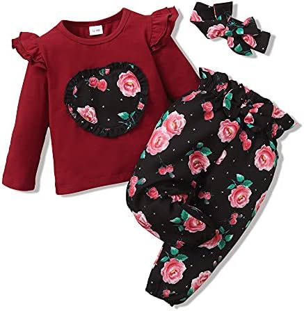 Toddler Kız Giysileri Sevimli Bebek Kız Kıyafet Aşk Kalp Fırfır Üst Çiçek Bandı Pantolon Seti 12 M-4 T