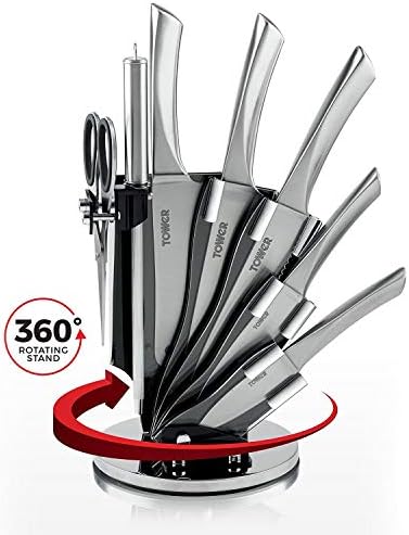 Tower T80709S Döner Akrilik Bıçak Bloklu Mutfak Bıçağı Seti, Paslanmaz Çelik, Gümüş, 7 Adet, 16 x 16 x 38 cm