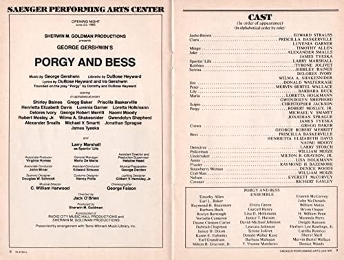 George Gershwin PORGY ve BESS Michael V. Smartt. Henrietta Elizabeth Davis Gregg Baker Larry Marshall 1983 New Orleans Programı