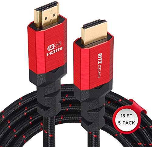 4K HDMI Kablosu 15 ft [3'lü Paket] - Siyah Örgülü Naylon Kordon ve 24K Altın Kaplama Konektörler, Ethernet'li Ritz Gear Yüksek