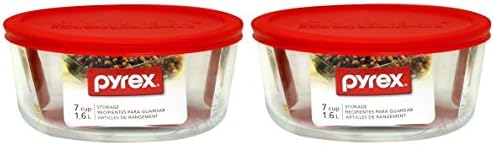 Pyrex, Şeffaf, Artı Kırmızı Plastik Kapaklı 7 Kap Yuvarlak Saklama Kabı 2 Kap Paketi